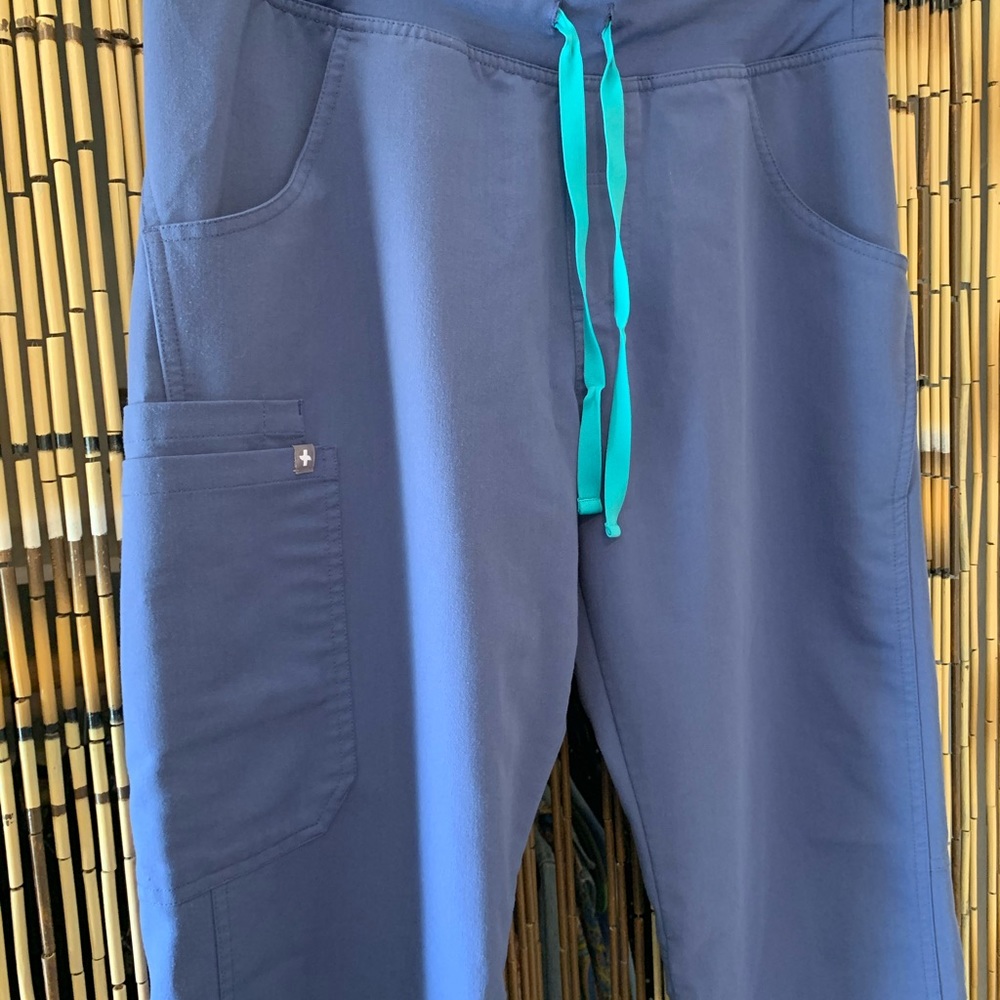 FIGS cargo scrub pants blue with teal drawstring
